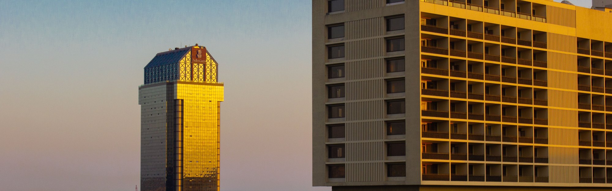Hotel towers at sunset
